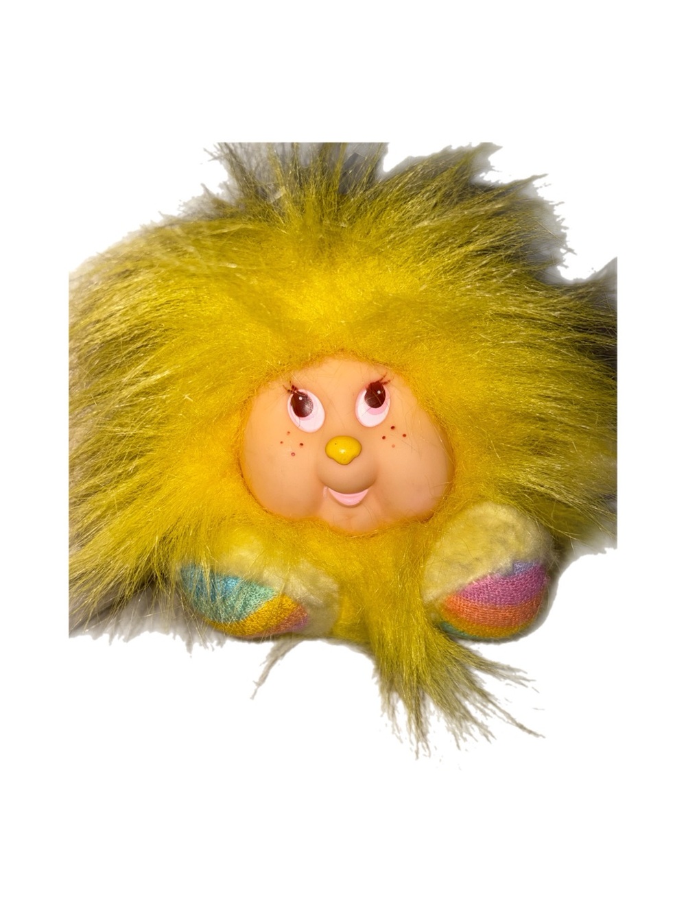 Vintage 1980s Yellow Fuzzy Plush Plastic Face Rainbow Feet- San Fransisco Gifts